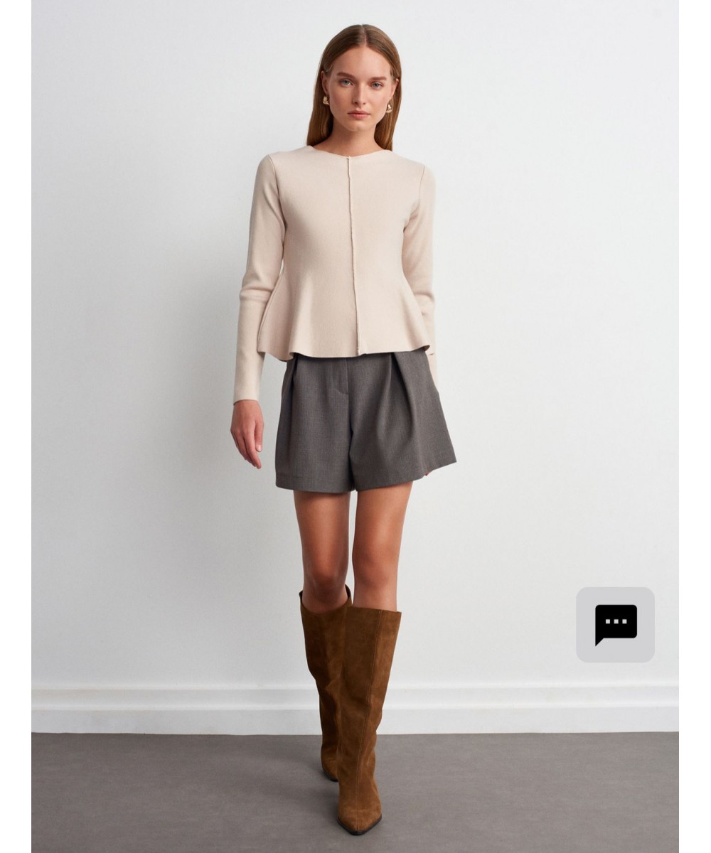 Bisiklet Yaka Peplum Triko Top-Açık Bej