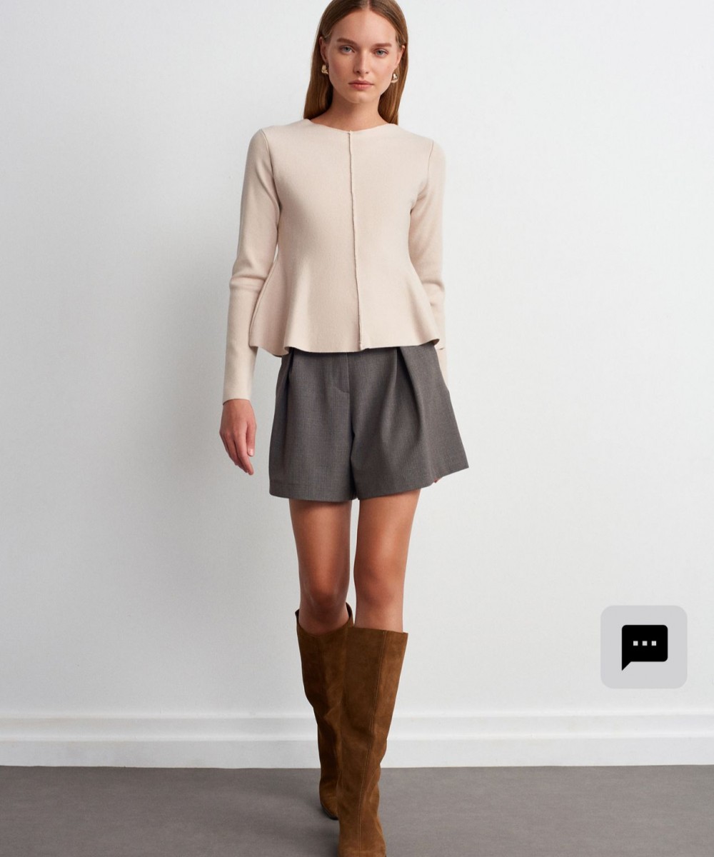 Bisiklet Yaka Peplum Triko Top-Açık Bej