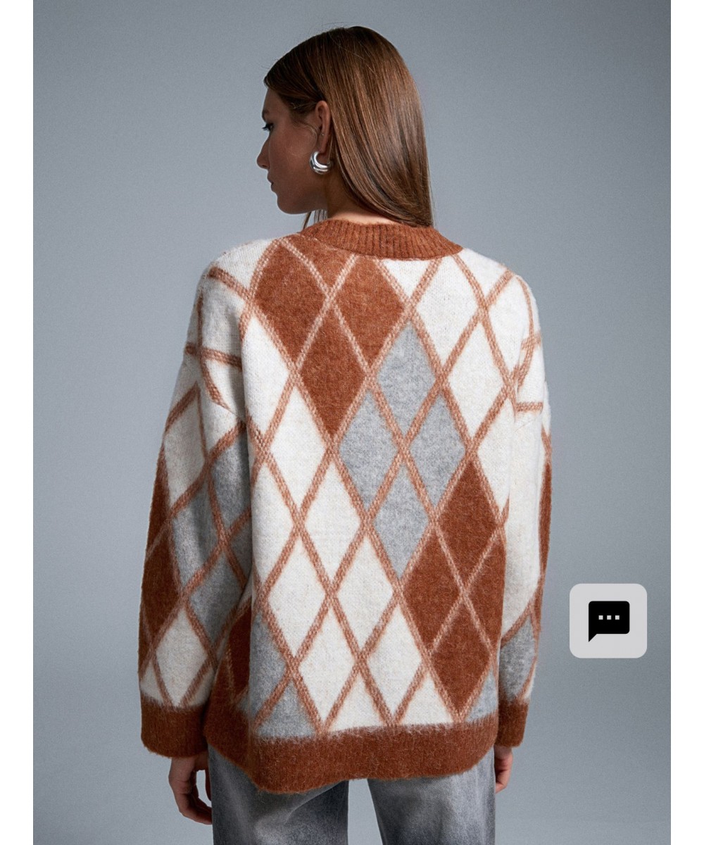 Baklava Desenli Alpaka Karışımlı Triko Hırka-Karamel