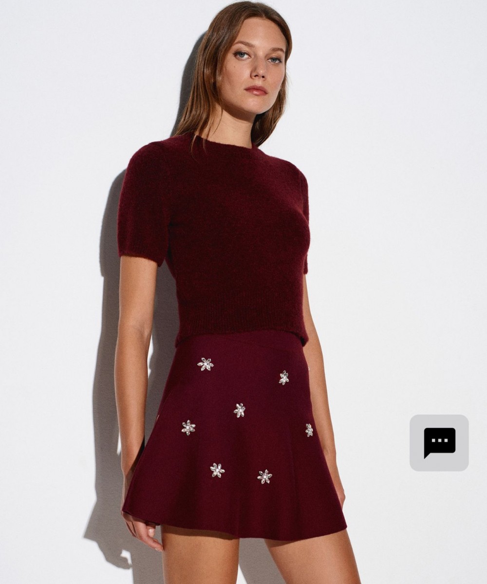 Beli Lastikli Taş İşlemeli Triko Etek-Koyu Bordo