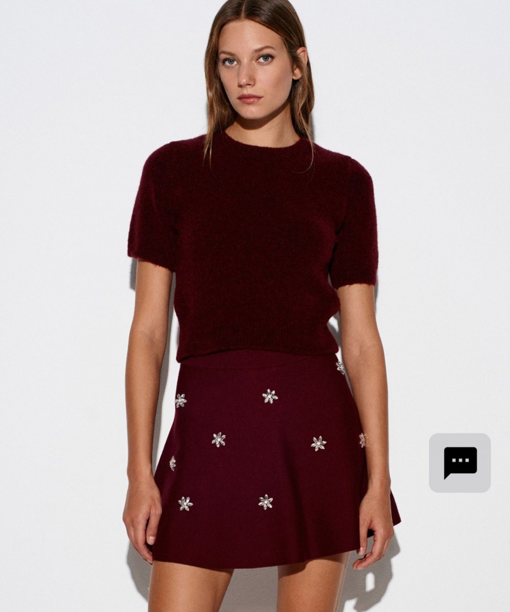 Beli Lastikli Taş İşlemeli Triko Etek-Koyu Bordo