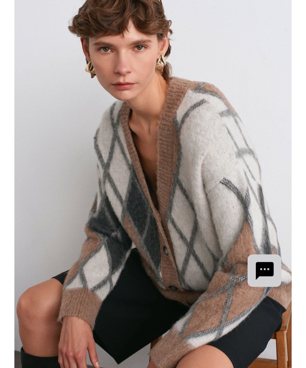 Baklava Desenli Alpaka Karışımlı Triko Hırka-Vizon