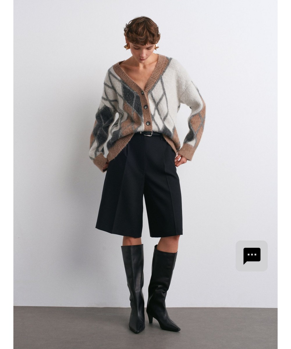 Baklava Desenli Alpaka Karışımlı Triko Hırka-Vizon